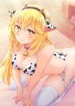  1girl animal_ears animal_print aonikuro arm_support bangs bell bikini blonde_hair blush breasts carpet chinese_zodiac cleavage closed_mouth cow_ears cow_horns cow_print cowbell embarrassed eyebrows_visible_through_hair fake_animal_ears fake_horns highres horns indoors large_breasts long_hair looking_at_viewer on_bed shokuhou_misaki side-tie_bikini sitting solo star-shaped_pupils star_(symbol) swimsuit symbol-shaped_pupils thighhighs toaru_kagaku_no_mental_out toaru_kagaku_no_railgun toaru_majutsu_no_index wariza white_bikini white_legwear year_of_the_ox yellow_eyes 