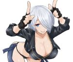  1girl angel_(kof) blue_eyes breasts cleavage clothing_cutout cropped_jacket finger_horns fingerless_gloves gloves hair_over_one_eye highres index_fingers_raised jacket kurosususu large_breasts leaning_forward leather leather_jacket looking_at_viewer midriff standing the_king_of_fighters thigh_cutout thong white_background 