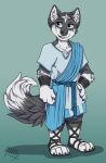  2018 anthro biped clothed clothing dipstick_tail fur gloves_(marking) hi_res leg_markings male markings muzz paddy_(paddywoof) signature simple_background smile socks_(marking) solo standing tail_markings 
