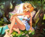  1girl bangs bare_legs bare_shoulders barefoot blonde_hair bracelet braid breasts collarbone commentary crown_braid dress english_commentary feet full_body grass green_eyes hair_ornament hairclip hand_on_own_knee jewelry legs looking_at_viewer medium_breasts medium_hair nature parted_bangs parted_lips pointy_ears princess_zelda river sitting soles solo squeezable_(artist) the_legend_of_zelda the_legend_of_zelda:_breath_of_the_wild thick_eyebrows toes tree water white_dress 