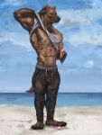  5_fingers abs anthro beach biceps black_bottomwear black_clothing black_nose black_pants bottomwear brown_body brown_fur brown_hair claws clothed clothing cloud dark_body dark_fur dessert digital_media_(artwork) ear_piercing epic_soul eyes_closed fingers food fur hair hi_res hyaenid ice_cream ice_cream_cone kaiden_(epic_soul) male mammal muscular muscular_anthro muscular_male navel nipple_piercing nipples orange_hair pants pawpads paws pecs piercing plantigrade raised_arm sand sea seaside serratus shirt sky solo spots spotted_body spotted_hyena standing t-shirt toe_claws topwear triceps waffle_cone water whiskers white_clothing white_shirt white_t-shirt white_topwear 