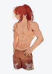  1boy absurdres diluc_(genshin_impact) dodoco_(genshin_impact) eriimyon genshin_impact high_ponytail highres male_swimwear nipples print_swimsuit red_eyes red_hair swimsuit toned toned_male topless_male 
