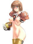  anezaki_mamori ball blue_eyes blush bottomless breasts brown_hair clothes_writing eyeshield_21 football konkitto large_breasts short_hair solo sportswear 