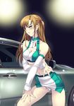  blush breasts brown_hair car cleavage_cutout covered_nipples detached_sleeves dildo_under_panties earrings elbow_gloves f-ism gloves green_eyes ground_vehicle hair_bobbles hair_ornament halterneck highres jewelry leaning_forward long_hair medium_breasts midriff miniskirt motor_vehicle murakami_suigun navel original panties pantyshot pantyshot_(standing) pencil_skirt race_queen skirt solo standing underwear vibrator white_panties 