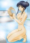  barefoot bath breasts bucket hair_bun hanzou kneeling nude red_eyes sakura_taisen shinguuji_sakura solo steam 