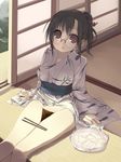  arima_senne black_hair chopsticks food glasses highres japanese_clothes kashiwamochi_yomogi kimono legs long_sleeves looking_at_viewer no_panties noodles original soba solo thighs tsuyu_sauce wakamezake yukata 