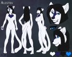  alestra black_hair black_nose blue_eyes butt cat featureless_crotch feline female fur hair hand_on_hip hands_behind_back mammal model_sheet pawpads paws satsukii slim smile solo watermark white_fur 