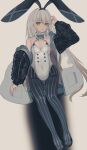  1girl absurdres adapted_costume bare_shoulders breasts buttons girls&#039;_frontline grey_hair highres long_hair medium_breasts mimi_ari_mimi_nashi_mimi_mimi off_shoulder pinstripe_legwear pinstripe_pattern playboy_bunny red_eyes solo striped tokarev_(girls&#039;_frontline) very_long_hair 