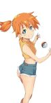  1girl aqua_eyes ass bangs blush denim denim_shorts eyebrows_visible_through_hair from_behind grin hair_between_eyes knees_up looking_at_viewer misty_(pokemon) orange_hair orange_shirt poke_ball pokemon pokemon_(anime) pokemon_(classic_anime) shirt short_shorts shorts side_ponytail simple_background smile solo thighs white_background yamada_taro_(yamada_tarou00) 