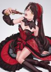  1girl bangs black_legwear boots breasts cleavage date_a_live date_a_live:_date_a_bullet dress full_body gothic_lolita gun heterochromia k-k knee_boots lolita_fashion long_hair looking_at_viewer medium_breasts open_mouth red_dress red_eyes solo thighhighs tokisaki_kurumi twintails weapon yellow_eyes 