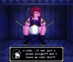  2021 anthro biped blush chain chained clothing deltarune detailed_background dialogue dialogue_box diaper english_text female furniture gag inside pacifier pacifier_gag shirt sitting solo stool susie_(deltarune) text topwear tysuga undertale_(series) video_games 