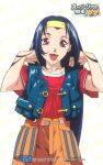  1990s_(style) 1997 1girl asahina_natsuki blue_hair copyright cowboy_shot hairband jacket logo long_hair looking_at_viewer mole mole_under_mouth non-web_source red_eyes red_shirt retro_artstyle scan shirt shirt_tucked_in short_sleeves solo super_real_mahjong tanaka_ryou 