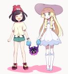  2girls beanie black_hair blonde_hair braid closed_eyes commentary_request cosmog dress green_eyes green_shorts hat kurochiroko lillie_(pokemon) long_hair multiple_girls open_mouth pokemon pokemon_(creature) pokemon_(game) pokemon_sm red_headwear selene_(pokemon) shirt short_hair short_sleeves shorts simple_background sleeveless sleeveless_dress sun_hat tied_shirt twin_braids white_background white_dress white_headwear z-ring 