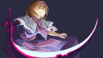  1girl alice_margatroid bangs blonde_hair blue_dress bois_de_justice capelet closed_eyes closed_mouth cookie_(touhou) dies_irae dress feet_out_of_frame grey_background hair_between_eyes hairband highres hinase_(cookie) kto_znaet necktie pink_hairband pink_necktie pink_sash sash shinza_bansho_series short_hair simple_background smile solo touhou white_capelet 