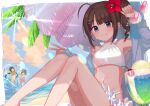  &gt;_&lt; 3girls :d ^_^ arm_up bangs bare_shoulders bikini blue_sky blurry blurry_foreground breasts brown_hair casual_one-piece_swimsuit character_request cherry closed_eyes cloud day depth_of_field drill_hair drink eyebrows_visible_through_hair eyewear_removed feet_out_of_frame flower food fruit grin hair_flower hair_ornament hairclip heart heart-shaped_eyewear highres holding holding_eyewear idolmaster idolmaster_million_live! jacket knees_together_feet_apart knees_up looking_at_viewer multiple_girls navel off_shoulder one-piece_swimsuit open_clothes open_jacket palm_tree pink_swimsuit purple_eyes purple_jacket red_flower side_drill side_ponytail sitting sky small_breasts smile solo_focus splashing sunglasses swimsuit tree uzura_(bonnet225) water white-framed_eyewear white_bikini xd yellow_bikini yokoyama_nao 