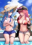 2girls :t absurdres bangs bare_arms bare_shoulders baseball_cap bikini black_headwear black_jacket blue_hair blue_nails blue_skirt blush bow breasts brown_headwear closed_mouth cloud cloudy_sky covering covering_breasts day detached_collar elf eyebrows_visible_through_hair eyewear_on_headwear feet_out_of_frame frown halterneck hat hat_bow heart heart-shaped_eyewear heart_necklace highres hololive houshou_marine jacket large_breasts long_hair long_sleeves looking_at_another micro_shorts multicolored_hair multiple_girls nail_polish navel off_shoulder open_clothes open_jacket outdoors palm_tree pointy_ears puffy_long_sleeves puffy_sleeves red_bikini red_eyes red_hair shorts sitting skirt sky smile soaking_feet stomach straw_hat streaked_hair suiran_(liquiddoes) sunglasses swimsuit thigh_strap tree virtual_youtuber white_bow white_shorts yellow_eyes yukihana_lamy 