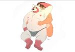  2022 anthro belly big_belly bodily_fluids bulge canid canine clothing duo embrace eyes_closed felid hug hugging_from_behind humanoid_hands lion male male/male mammal moobs nipples orange_body overweight overweight_male pantherine raccoon_dog sad sato_afroleone simple_background sitting tanuki tears underwear white_background 