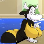  anthro big_breasts big_butt bikini black_body bovid bovid_horn bovine bovine_horn breasts butt cattle clarabelle_cow clothing cow_horn davidsanchan disney disney_comics eyelashes female gloves handwear hi_res horn looking_at_viewer mammal pool_(disambiguation) smile solo swimming_pool swimwear touching_breasts water wet yellow_bikini yellow_clothing yellow_swimwear 