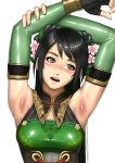  1girl anal anal_hair armpit_focus armpit_hair armpits arms_up asian black_hair breasts elbow_gloves gloves green_gloves guan_yinping highres koukoupunch long_hair presenting_armpit sangoku_musou simple_background small_breasts smell solo sweat upper_body white_background 