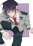  1boy artist_name boku_no_hero_academia closed_mouth collared_shirt commentary_request genderswap genderswap_(ftm) green_pants grey_jacket highres jacket jirou_kyouka long_sleeves looking_to_the_side male_focus mantos_no.7 necktie pants purple_background purple_hair red_necktie school_uniform shirt short_hair sitting smile solo thai_commentary u.a._school_uniform watermark white_background white_shirt 