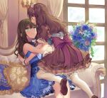  2girls bad_id bad_pixiv_id bangs bare_shoulders blue_dress blue_flower blue_gloves brown_dress brown_eyes brown_footwear brown_hair closed_mouth couch curtains dress earrings flower frilled_dress frills gloves green_eyes hands_on_another&#039;s_back highres idolmaster jewelry leaf long_hair looking_at_another misha_(hoongju) multiple_girls open_mouth pillow pink_flower shibuya_rin shimamura_uzuki shoes short_sleeves sitting sleeveless sleeveless_dress smile thighhighs wavy_hair white_legwear wrist_cuffs yuri 