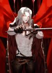  1boy abs alucard_(castlevania) artist_name belt black_cape blood blood_from_eyes brown_gloves cape castlevania chain covered_abs covered_navel crying crying_with_eyes_open eyelashes fang gloves holding holding_sword holding_weapon long_eyelashes long_hair looking_at_viewer male_focus multicolored_cape multicolored_clothes o-ring parted_lips red_cape scabbard sheath shei99 solo sword tears toned toned_male two-tone_cape unsheathed watermark weapon white_hair yellow_eyes 