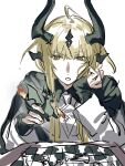  1girl arknights blonde_hair dragon_girl dragon_horns eyebrows_visible_through_hair green_eyes highres hkeno holding holding_toy horns long_sleeves official_alternate_costume reed_(arknights) reed_(emerald_holiday)_(arknights) simple_background sitting thinking toy white_background 