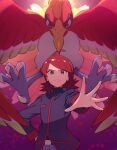  1boy belt_buckle bird buckle closed_mouth commentary_request cowlick frown grey_eyes hand_on_hip ho-oh jacket kurochiroko long_hair long_sleeves looking_at_viewer male_focus outstretched_hand pants pokemon pokemon_(creature) pokemon_(game) pokemon_hgss purple_jacket purple_pants red_hair silver_(pokemon) turtleneck turtleneck_jacket 