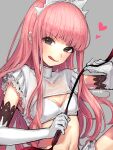  1girl :q bangs bra breasts brown_eyes closed_mouth elbow_gloves eyebrows_visible_through_hair fate/grand_order fate_(series) gloves grey_background heart highres holding long_hair looking_at_viewer medb_(fate) navel pink_hair riding_crop shrug_(clothing) signature simple_background skirt small_breasts smile solo tiara tongue tongue_out underwear upper_body uzura_(bonnet225) very_long_hair white_bra white_gloves white_skirt 