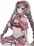  1girl apo_518 bangs bracelet braid brooch brown_hair closed_mouth demon_girl heart heart-shaped_pupils highres jewelry long_hair looking_at_viewer ludmila_(rune_factory) official_alternate_costume pointy_ears purple_eyes rune_factory rune_factory_5 swimsuit symbol-shaped_pupils twin_braids 