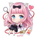  1girl :p \m/ animal_ear_fluff animal_ears bangs big_head black_bow black_dress blue_eyes blush bow bowl cat_ears cellphone chibi closed_mouth collared_dress commentary dress egg eyebrows_visible_through_hair food fujiwara_chika hair_bow hand_up hands_up heart hitsukuya holding holding_pipe kaguya-sama_wa_kokurasetai_~tensai-tachi_no_renai_zunousen~ long_hair long_sleeves magnifying_glass neck_ribbon phone phone_with_ears pink_hair pipe red_ribbon ribbon school_uniform shoes shuuchiin_academy_school_uniform simple_background smile socks solo spoon tongue tongue_out very_long_hair white_background white_footwear white_legwear 