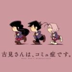  1boy 1girl 1other absurdres androgynous black_hair black_pants blue_jacket cartoonized charles_schulz_(style) collared_shirt grey_hair highres jacket komi-san_wa_komyushou_desu komi_shouko lu_(lueduar) necktie osana_najimi_(komi-san_wa_komyushou_desu) pants parody peanuts pink_background plaid plaid_necktie plaid_skirt red_necktie red_skirt running shirt skirt style_parody tadano_hitohito toon_(style) white_shirt 