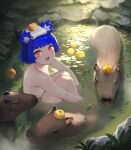  1girl :d absurdres animal bangs bathing blue_eyes blunt_bangs blush capybara completely_nude convenient_arm eyebrows_visible_through_hair fang highres hugging_own_legs looking_at_viewer nude open_mouth original outdoors petite pond red_eyes short_hair smile solo towel towel_on_head vertigris 