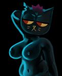  anthro big-fig big_breasts blue_body blue_fur breasts digital_media_(artwork) domestic_cat dramatic_lighting felid feline felis female fur hair half-closed_eyes half_body hand_behind_head hi_res huge_breasts mae_borowski mammal narrowed_eyes navel night_in_the_woods nipples notched_ear nude red_eyes red_hair simple_background slightly_chubby solo torso_shot video_games whiskers 