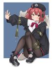  1girl absurdres ahoge beret blush candy collared_shirt dress_shirt food girls&#039;_frontline hat headset highres lollipop mp7_(girls&#039;_frontline) pantyhose pepsi2330 pleated_skirt pom_pom_(clothes) red_hair shirt skirt solo thigh_strap yellow_eyes 