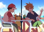  2boys bangs baseball_cap black_hair blue_oak buttons capri_pants chair cloud commentary_request day drinking drinking_straw glass hair_between_eyes hand_up hanging hat kurochiroko multiple_boys on_chair open_mouth orange_hair outdoors pants pikachu pokemon pokemon_(creature) pokemon_(game) pokemon_sm profile red_(pokemon) shirt short_sleeves sitting sky spiked_hair sunglasses table teeth tongue 