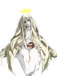  1girl absurdly_long_hair bangs blonde_hair chome_(umenigiri) dress feet_out_of_frame glowing hair_between_eyes halo holding holding_skull long_hair looking_at_viewer mistress_of_shelter open_mouth ragnarok_online red_eyes simple_background sitting skirt skull sleeveless sleeveless_dress solo very_long_hair white_background white_dress white_skirt 