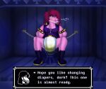  2021 anthro biped blush bodily_fluids chain chained clothing deltarune detailed_background dialogue dialogue_box diaper english_text female furniture gag genital_fluids inside jewelry key necklace onomatopoeia pacifier pacifier_gag shirt sitting solo sound_effects stool susie_(deltarune) text topwear tysuga undertale_(series) urine video_games wet_diaper wetting 