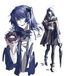  arknights black_coat black_jacket blue_eyes blue_hair book coat doughnut eating fallen_angel food halo highres hkeno holding holding_book horns jacket long_hair mostima_(arknights) simple_background umbrella white_background 