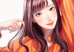  1girl blush brown_eyes brown_hair closed_mouth fingernails hands_up head_tilt highres lipstick long_hair long_sleeves looking_at_viewer makeup nail_polish orange_shirt original red_lips red_nails shirt simple_background smile solo tsunko_(9v2_q) white_background 