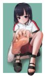  1girl :o blue_background blue_eyes blue_hair blush border collared_shirt commentary_request feet foot_focus footprints foreshortening highres lumina414 medium_hair qiao_ling sandals shiguang_dailiren shirt shorts simple_background smell solo sweat toes 