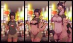  5_fingers anthro asian_mythology big_breasts black_hair blurred_background body_size_growth bottomwear bra breasts chopsticks clothing dark_body dark_skin dragon east_asian_mythology eastern_dragon eating eating_food female fingers food freckles genitals growth hair holding_food holding_object horn horn_growth human human_to_anthro koopacap looking_at_viewer mammal mythology navel nipples pink_body pubes pupils pussy sequence sharp_teeth shirt short_hair shorts size_transformation slit_pupils smile solo species_transformation tail_growth teeth thick_thighs topwear torn_clothing transformation underwear 