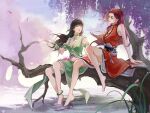  2girls absurdres bare_legs barefoot bi_ting_(xia_lan) black_hair branch chen_yue_(xia_lan) dress expressionless grass green_dress highres multiple_girls ponytail red_dress red_hair sash sitting smile tree water xia_lan xia_lan_bi_ting_chao_hua 