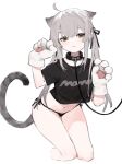  1girl :3 ahoge aiko_(kanl) animal_ears animal_hands barefoot black_panties black_shirt cat_ears cat_girl cat_tail collar crop_top crop_top_overhang extra_ears gloves grey_hair hair_ribbon hands_up kneeling leash long_hair looking_at_viewer navel no_pants original panties paw_gloves revision ribbon shirt short_sleeves side-tie_panties sidelocks simple_background smile solo stomach string_panties tail thighs twintails underwear white_background yellow_eyes 