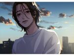  1boy black_eyes black_hair blue_sky cloud day hair_between_eyes highres letterboxed male_focus mole mole_under_eye original outdoors parted_lips shirt sky solo sunset tsunko_(9v2_q) white_shirt 