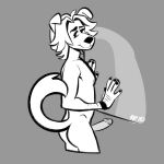  anthro arm_hair bedroom_eyes body_hair butt canid canine canis domestic_dog eli_(fleetwoodbrak) erection fleetwoodbrak genitals grey_background greyscale half-closed_eyes humanoid_genitalia humanoid_penis inviting looking_at_viewer looking_back male mammal monochrome narrowed_eyes penis raised_tail seductive simple_background smile smirk smug smug_face smug_grin solo 