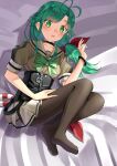  1girl antenna_hair bed_sheet black_legwear blush collarbone eyebrows_visible_through_hair green_eyes green_hair grey_sailor_collar hair_over_shoulder kantai_collection long_hair matsu_(kancolle) mayura2002 open_mouth pantyhose pleated_skirt puffy_short_sleeves puffy_sleeves sailor_collar short_sleeves skirt solo white_skirt 