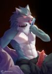  2020 abs anthro blush bodily_fluids brand_new_animal candid canid canine canis clothed clothing colored erection eyes_closed food fur genital_fluids genitals inkudoragoon knot licking looking_at_viewer male mammal muscular muscular_anthro muscular_male penis popsicle precum shirou_ogami signature solo studio_trigger tongue tongue_out topless topless_anthro topless_male wolf 