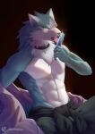  2020 abs anthro brand_new_animal candid canid canine canis clothed clothing colored food fur inkudoragoon licking looking_at_viewer male mammal muscular muscular_anthro muscular_male popsicle shirou_ogami signature solo studio_trigger tongue tongue_out topless topless_anthro topless_male wolf 