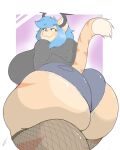  anthro big_breasts big_butt bottomwear breasts butt clothing domestic_cat felid feline felis female fishnet hi_res hoodie horn huge_butt looking_back mammal miniskirt skirt smile solo swolptr thick_thighs topwear 